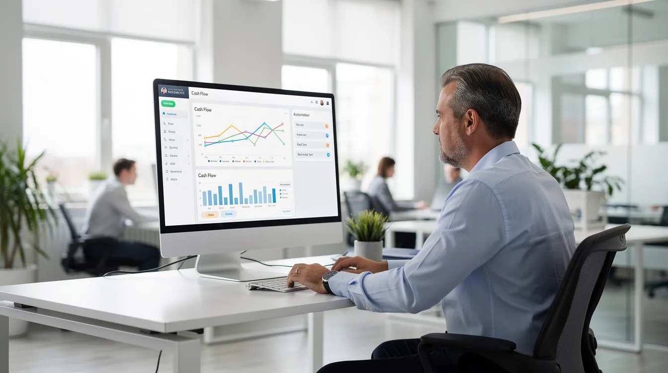 Un tableau de bord affichant l'automatisation des relances clients, symbolisant une gestion de trésorerie efficace.