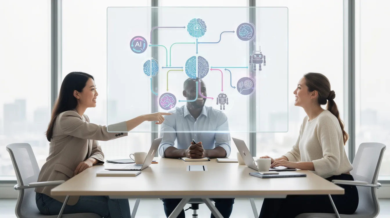 Une équipe de PME planifiant une stratégie d'intégration de l'intelligence artificielle dans une salle de réunion moderne.