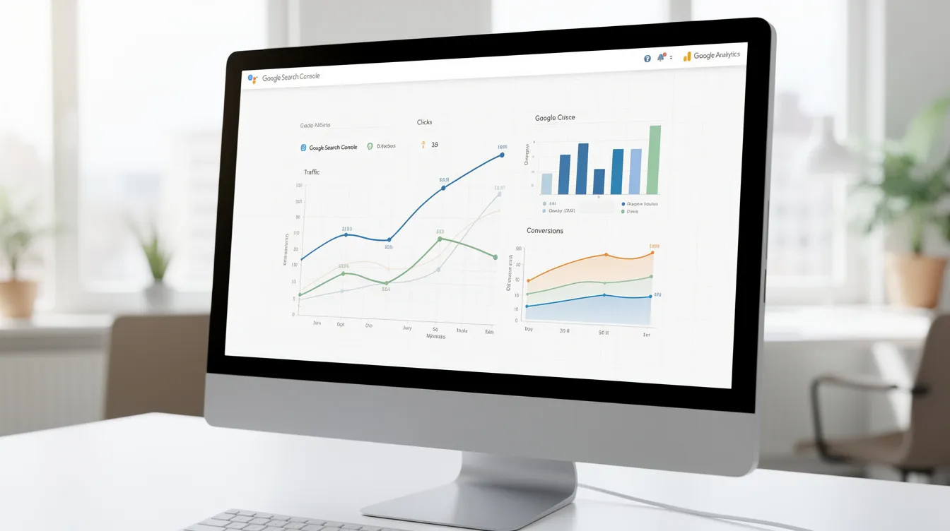 A computer screen showing a data dashboard illustrating the integration between Google Search Console and Google Analytics.