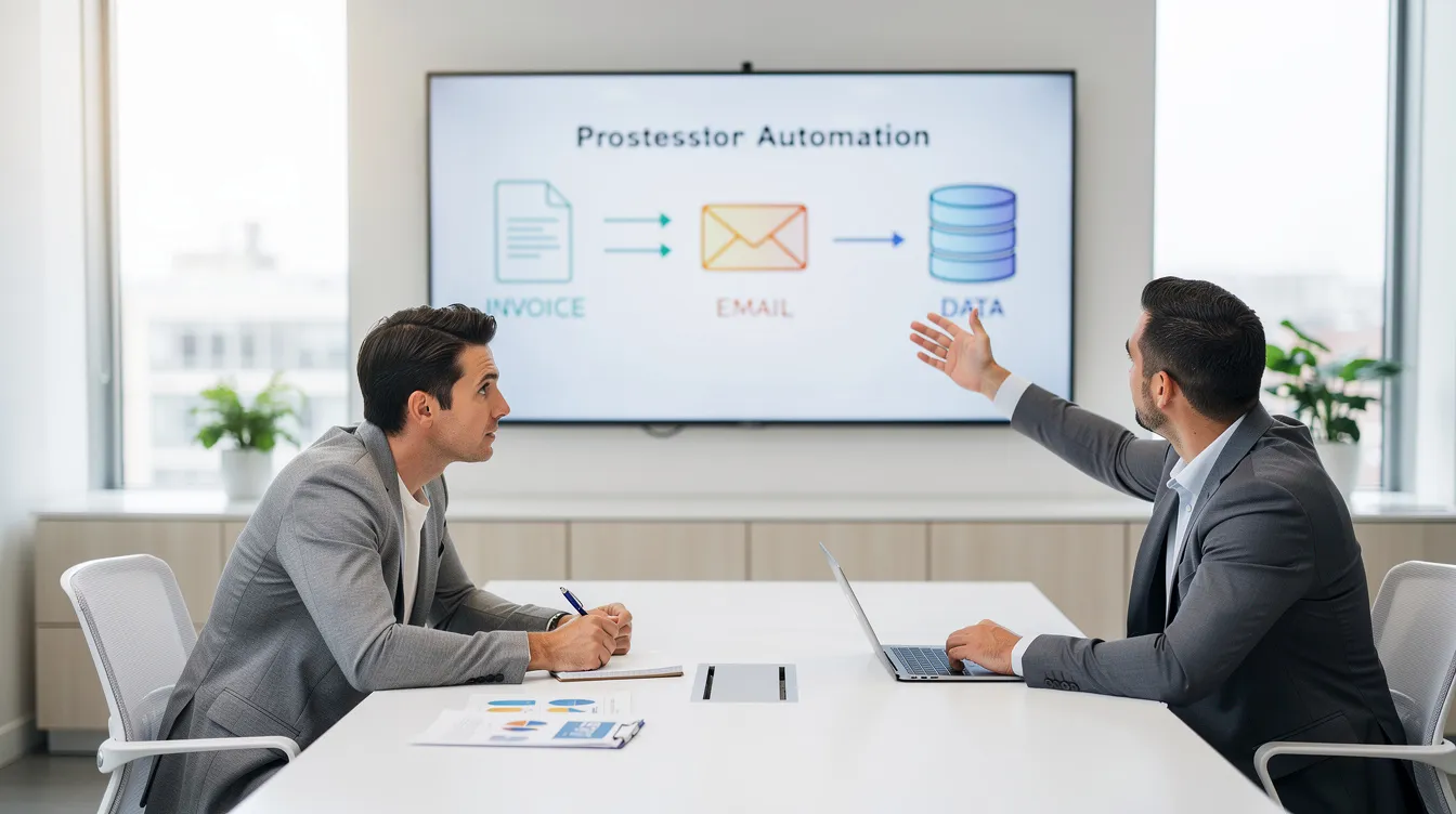 Un dirigeant de PME en discussion avec un prestataire en intelligence artificielle devant un écran montrant un processus d'automatisation.