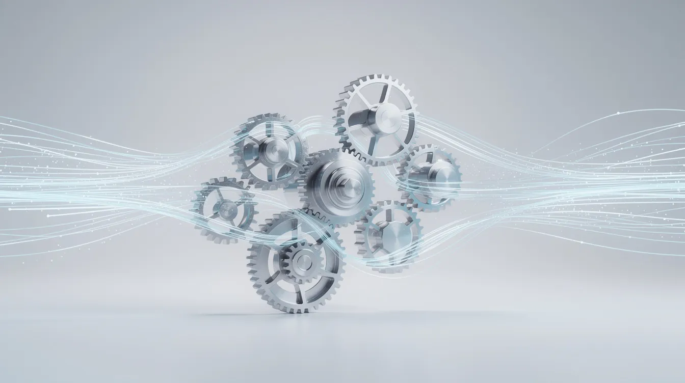 An abstract representation of an automated content creation system with gears and data flows.