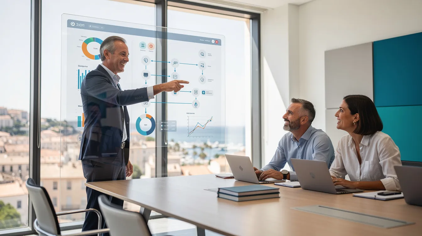 Un consultant en intelligence artificielle présente une solution d'automatisation à des dirigeants de PME à Marseille.