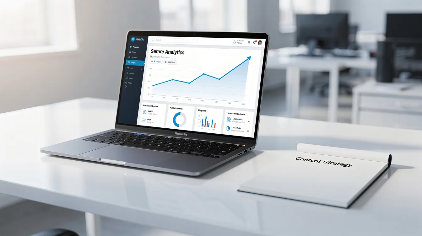 A laptop displaying an SEO analytics dashboard with a rising traffic graph, symbolizing growth from an AI SEO writer.