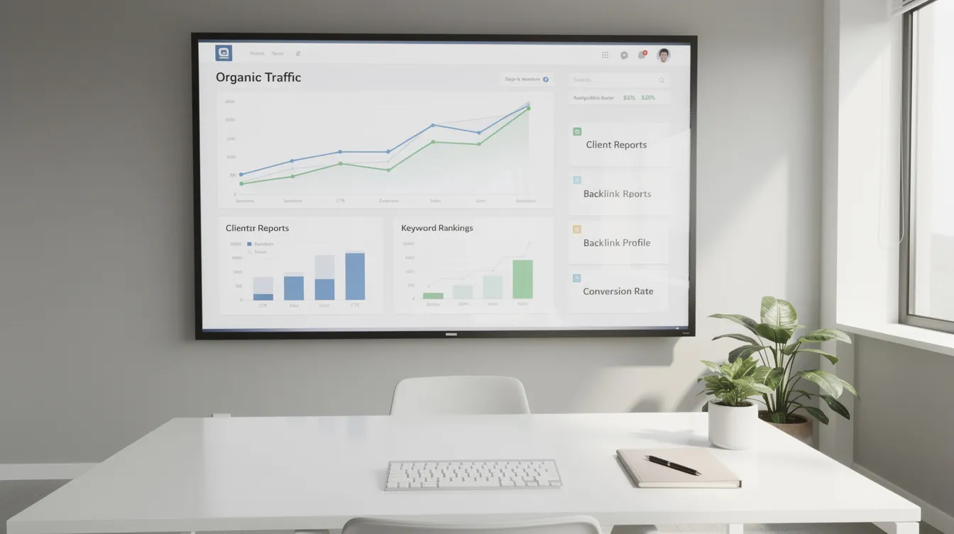 A dashboard displaying SEO agency software metrics on a large screen in a modern office.