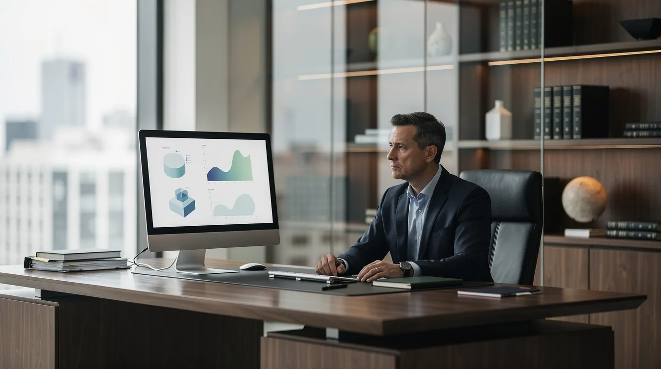 Avocat dans un bureau moderne utilisant une intelligence artificielle sur son ordinateur pour analyser des données juridiques.