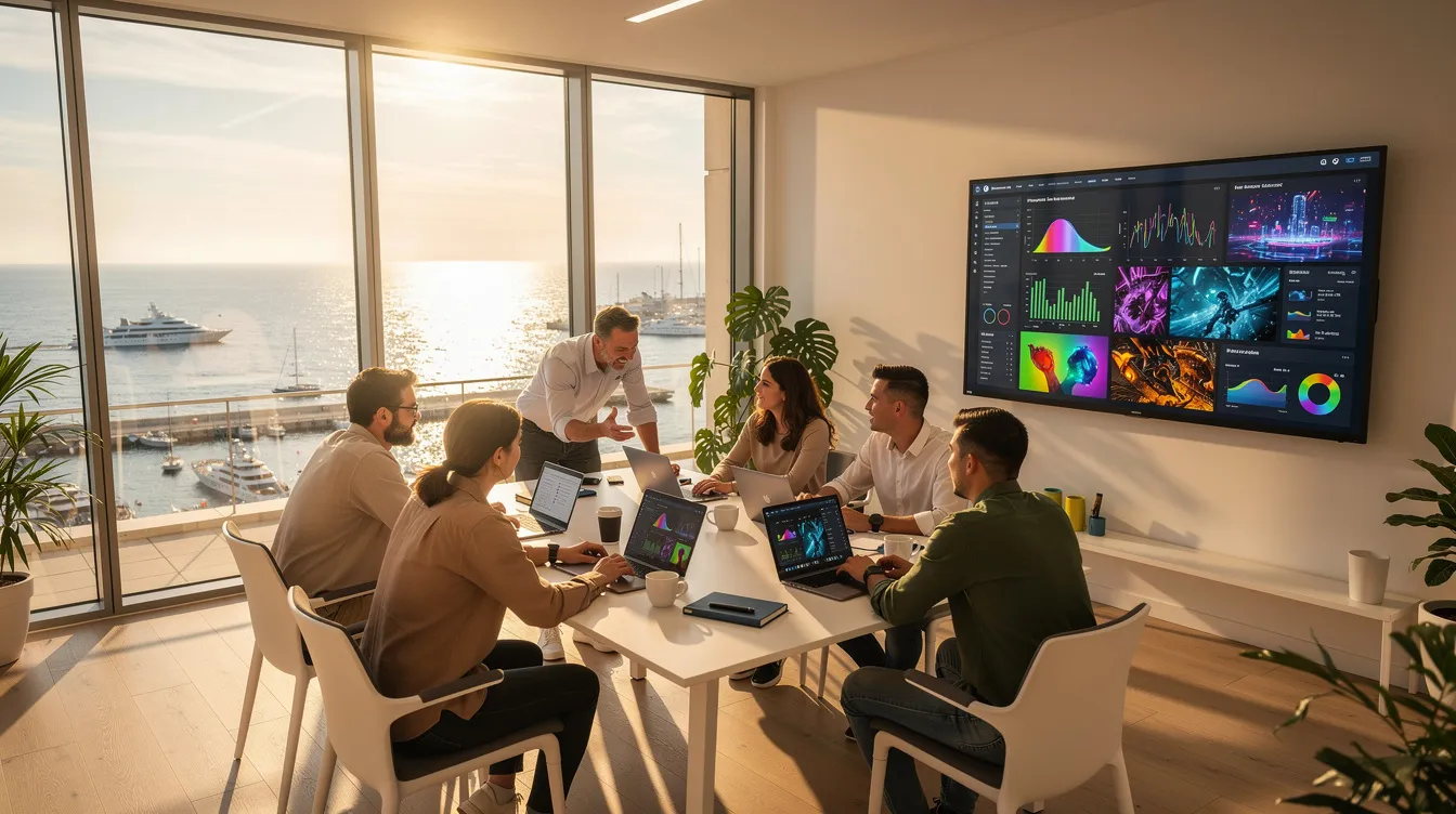 Une agence média moderne utilisant l'intelligence artificielle pour la visualisation de données et la création de contenu.