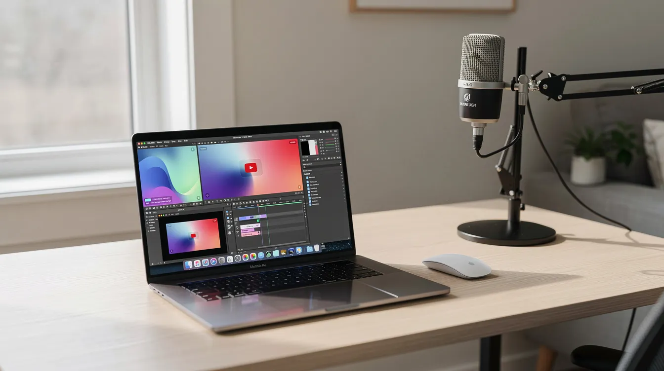 A Mac screen being recorded with audio, showing a microphone and a clean desktop.