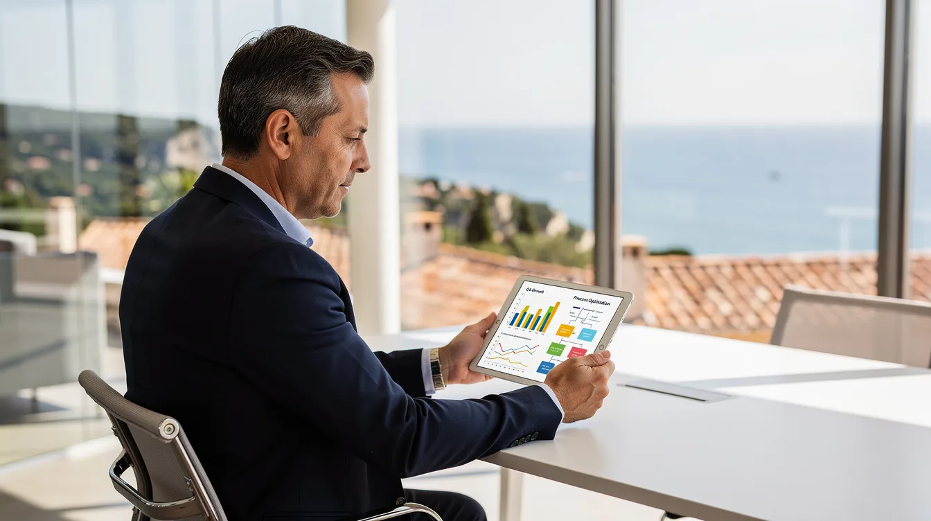 Un dirigeant de PME analyse un audit de processus IA sur une tablette dans un bureau lumineux à Martigues.