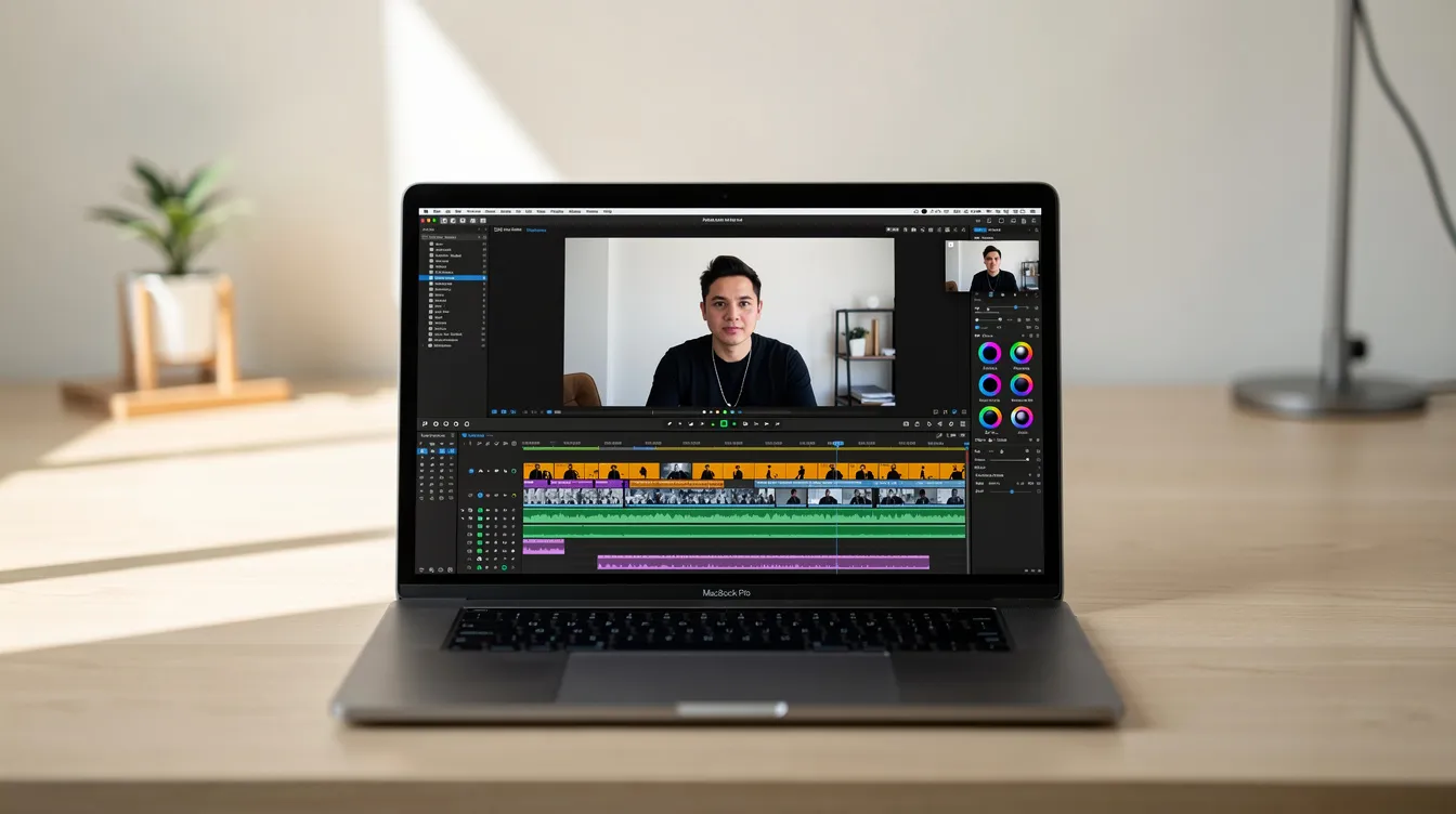 A MacBook Pro on a desk displaying screen recording software, demonstrating how to screen record on a Mac with a webcam.