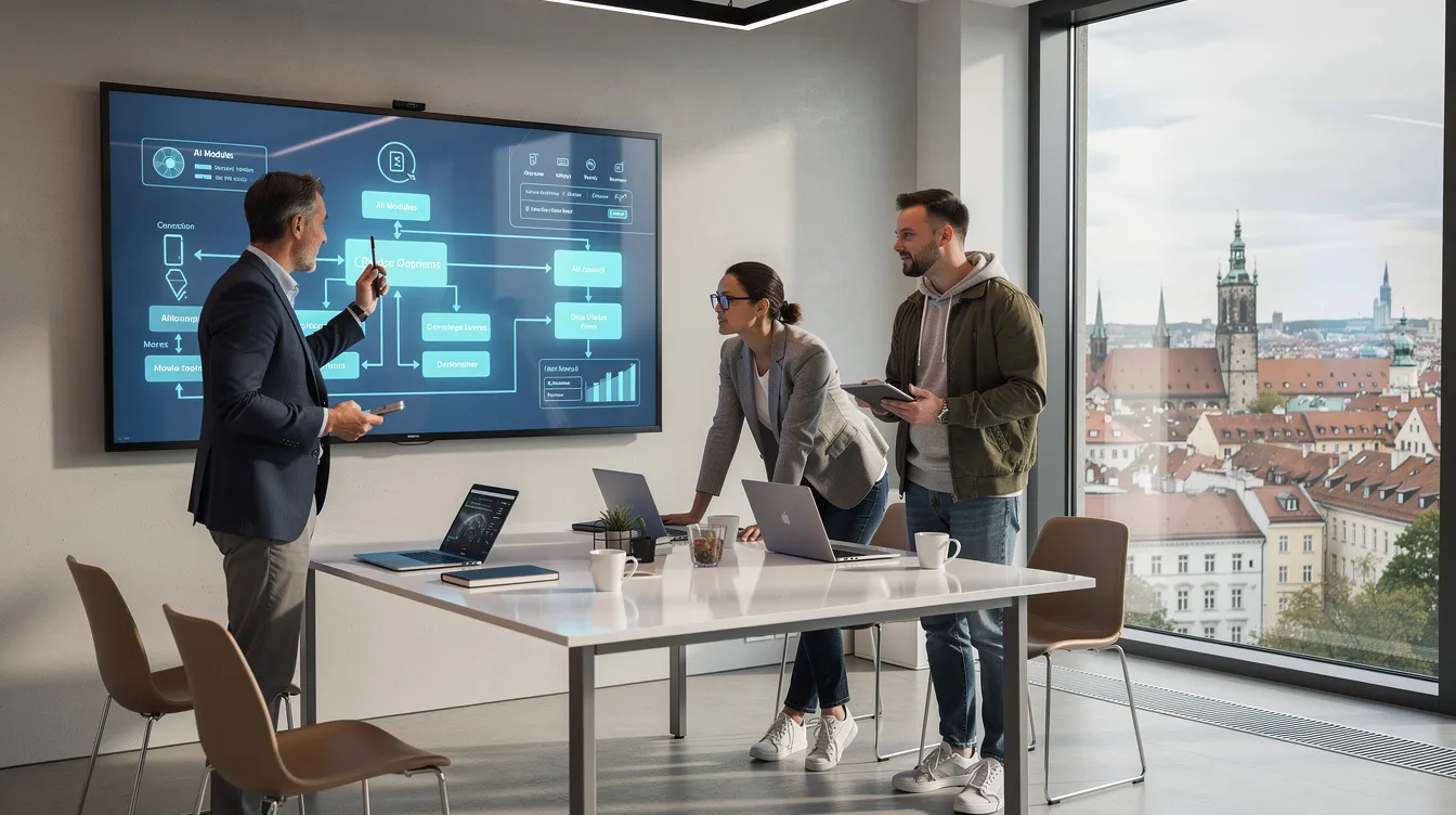 Équipe projet discutant d'une solution d'intelligence artificielle sur mesure dans un bureau moderne.