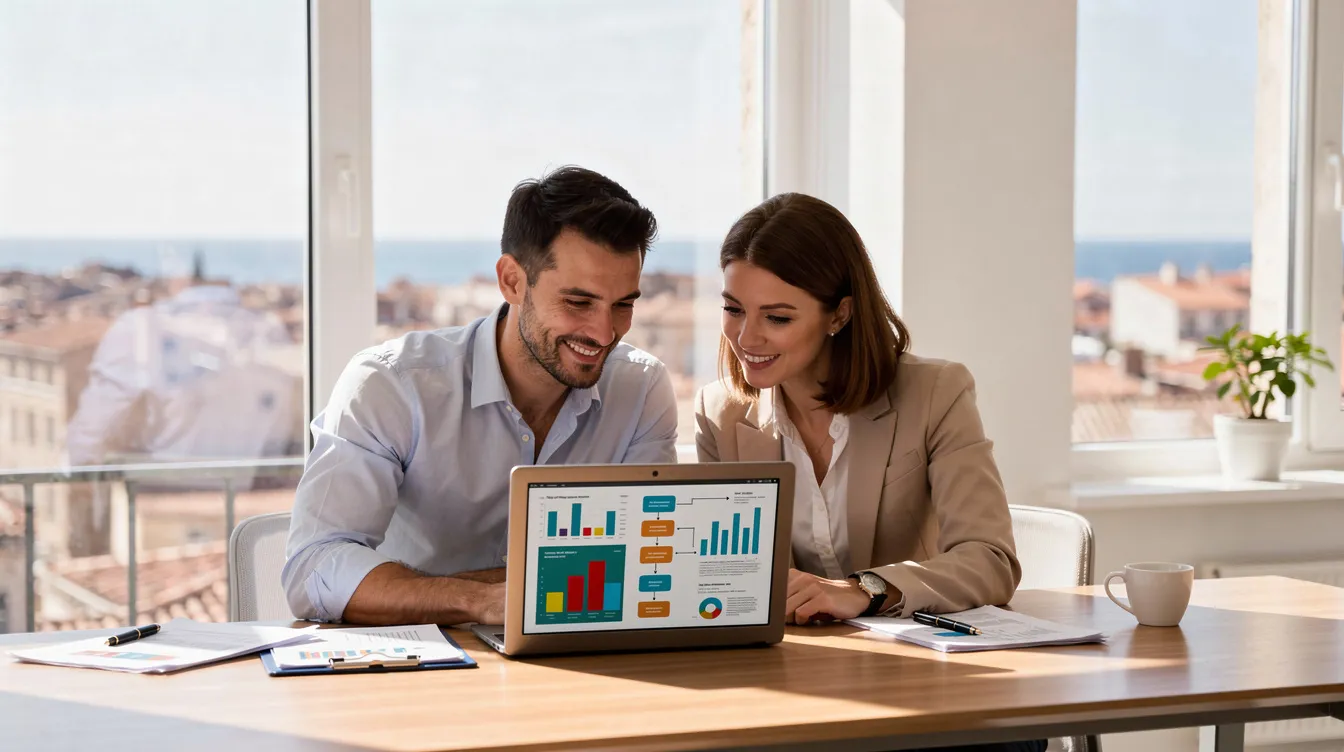 Deux consultants en intelligence artificielle analysant des données pour une PME dans un bureau moderne.