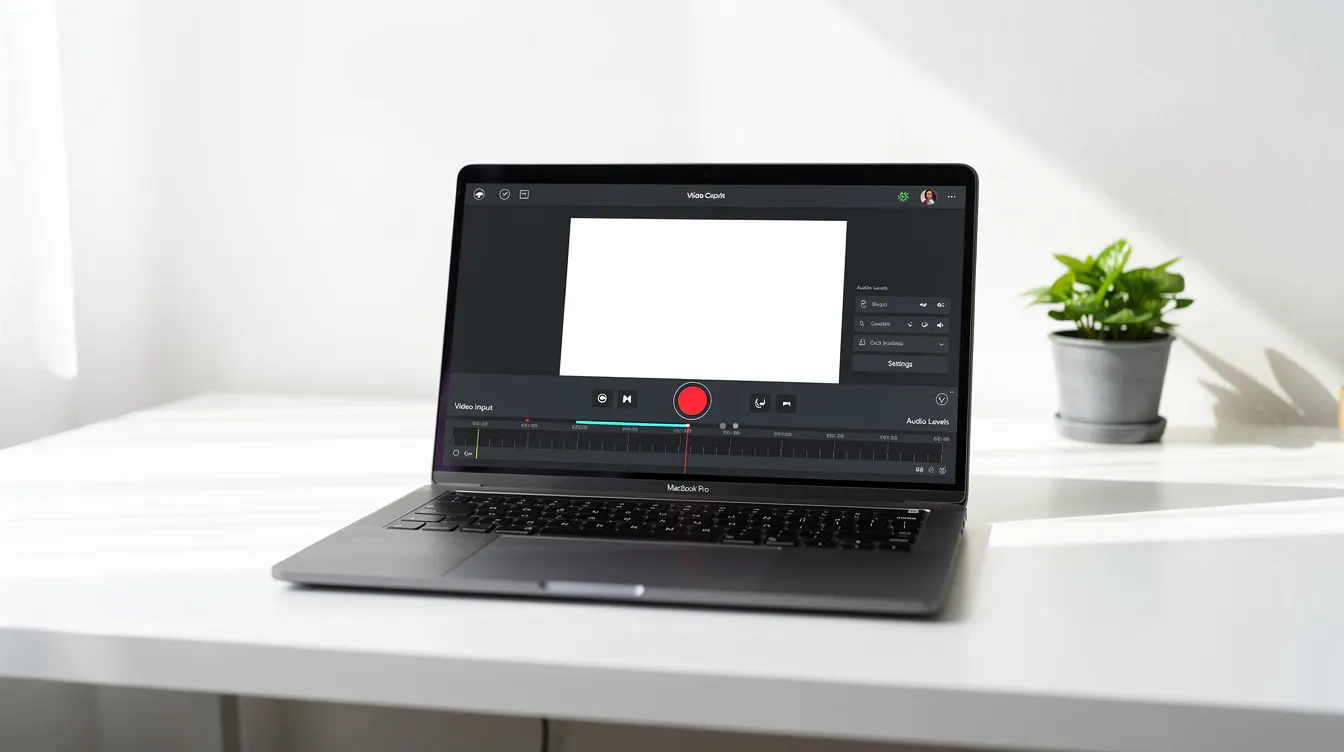 A professional screen recorder application running on a MacBook Pro in a clean workspace.
