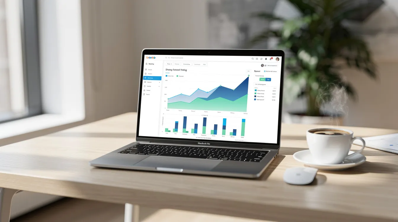 A laptop displaying an SEO content dashboard on a bright modern desk