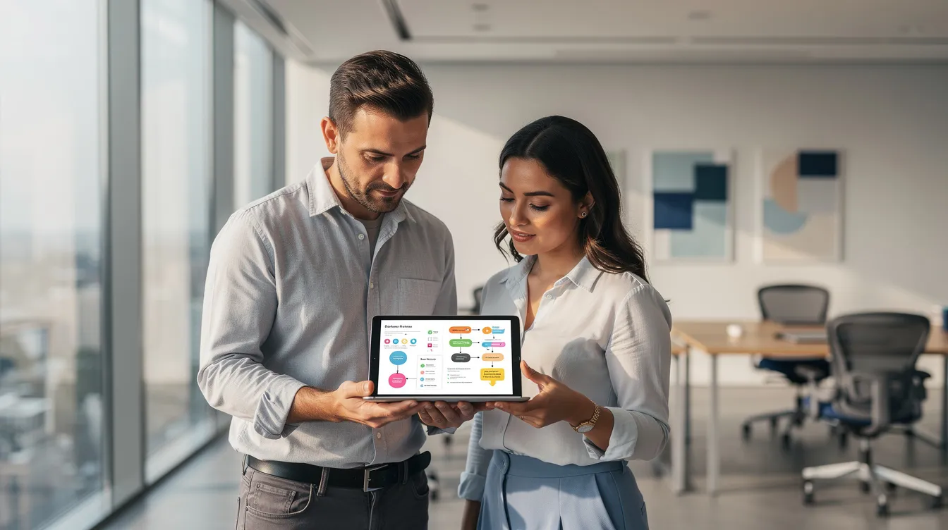 Deux consultants en intelligence artificielle analysant des données sur une tablette dans un bureau à Salon-de-Provence.