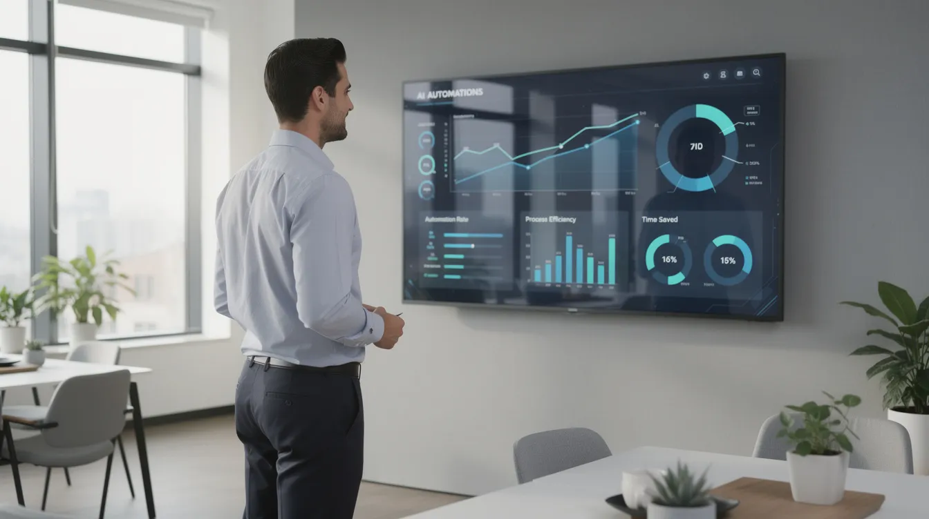Un dirigeant de PME analyse des indicateurs de performance optimisés par une agence de communication intelligence artificielle.