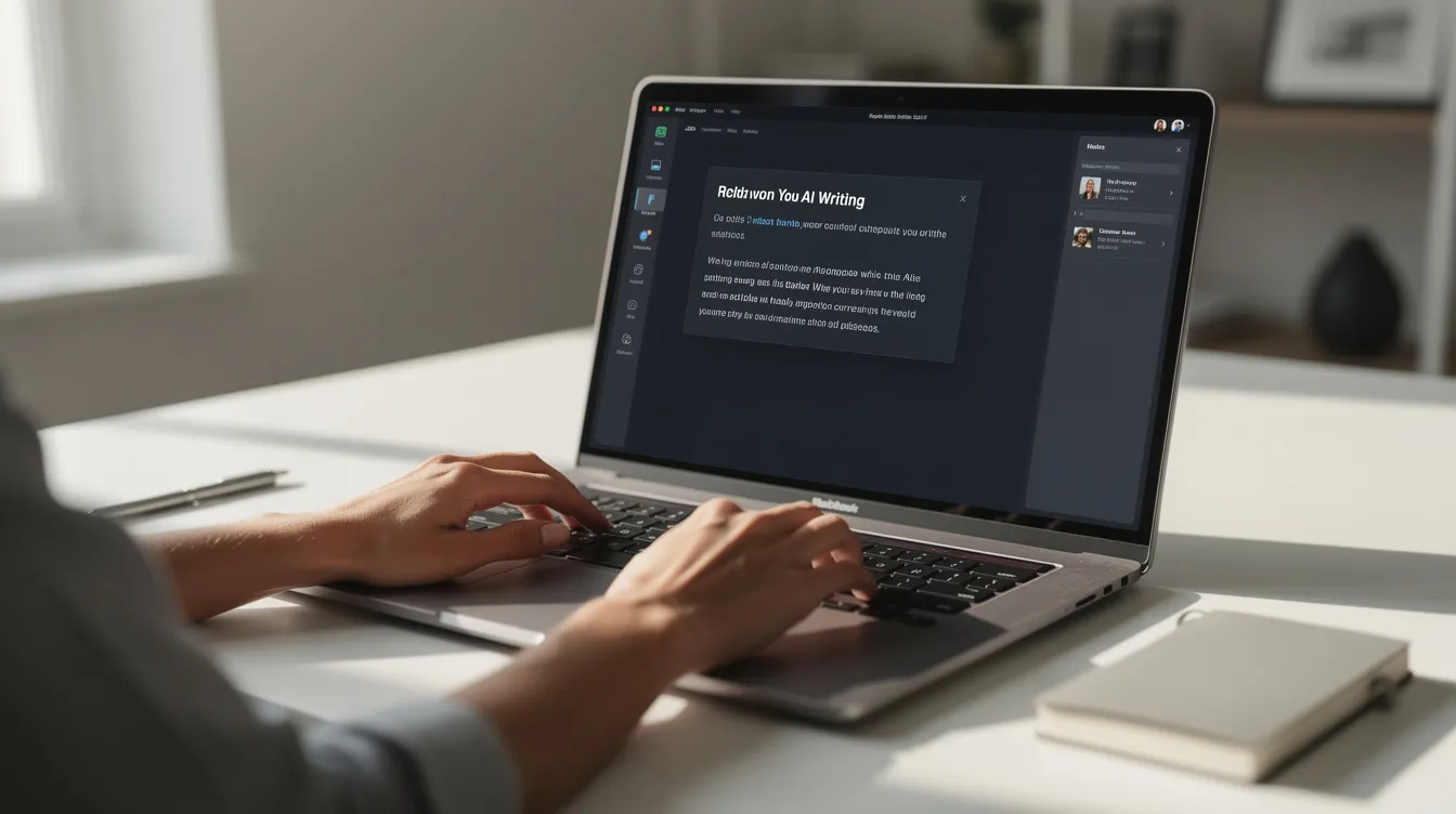 A person using an AI writing tool on a laptop in a modern office.