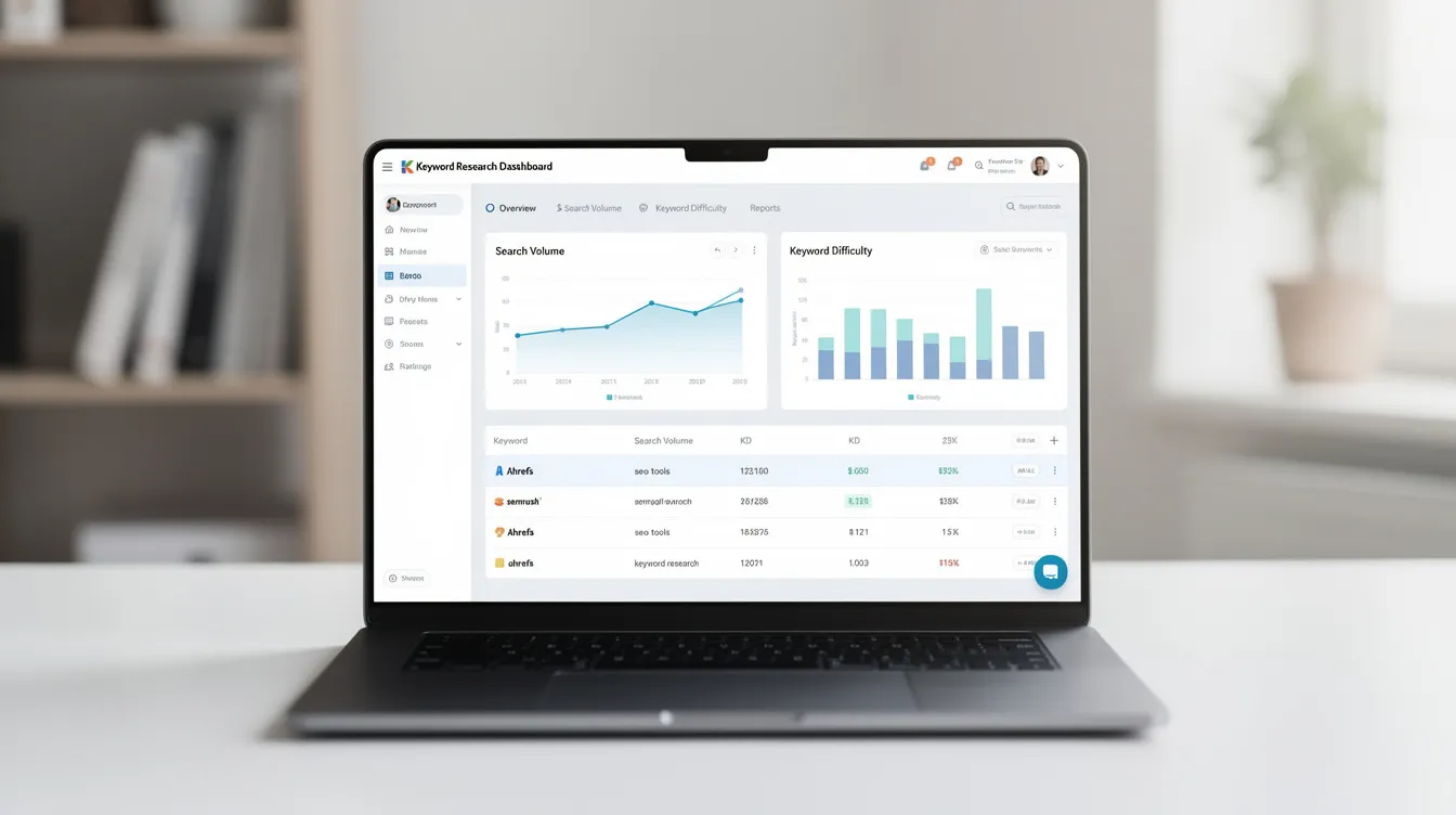 A marketer analyzing keyword research software like Ahrefs and Semrush on a laptop screen.