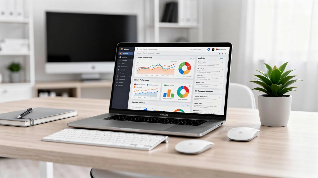 A laptop screen displaying an AI-powered content platform's user interface with performance metrics.