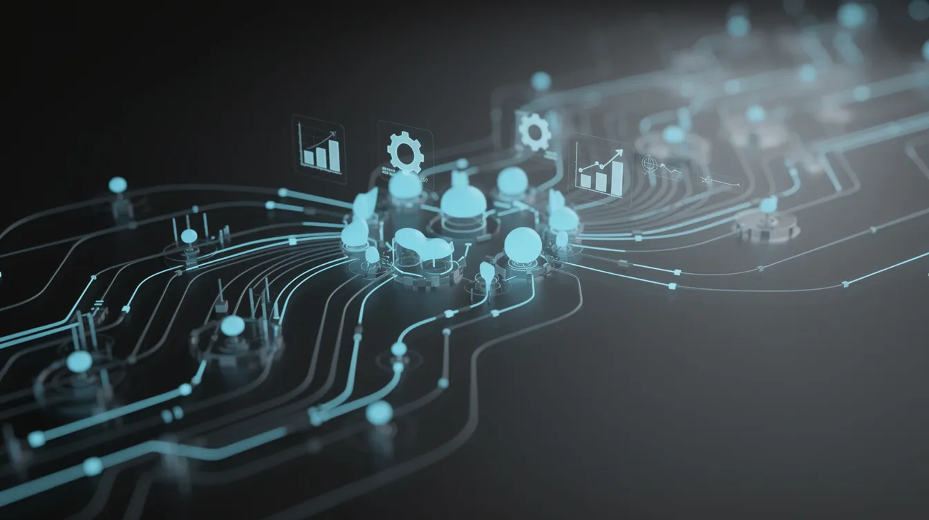 Illustration de l'automatisation des processus métier avec des flux de données numériques connectés.