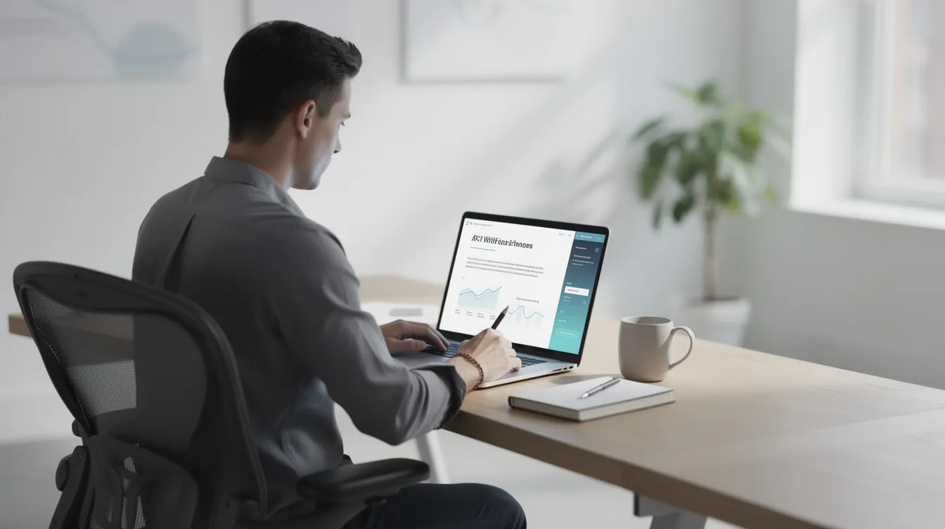 A marketer using an AI blog writer tool on a laptop to create and optimize content.