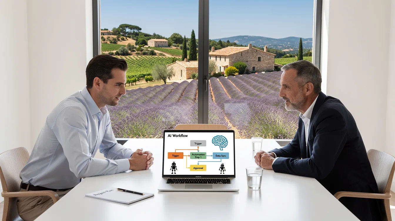 Consultant en intelligence artificielle discutant d'une stratégie d'automatisation avec un dirigeant de PME à Vitrolles.