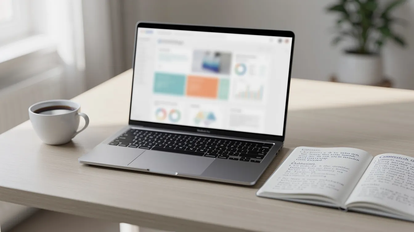 Laptop and notebook on a bright desk comparing AI blog writing tools