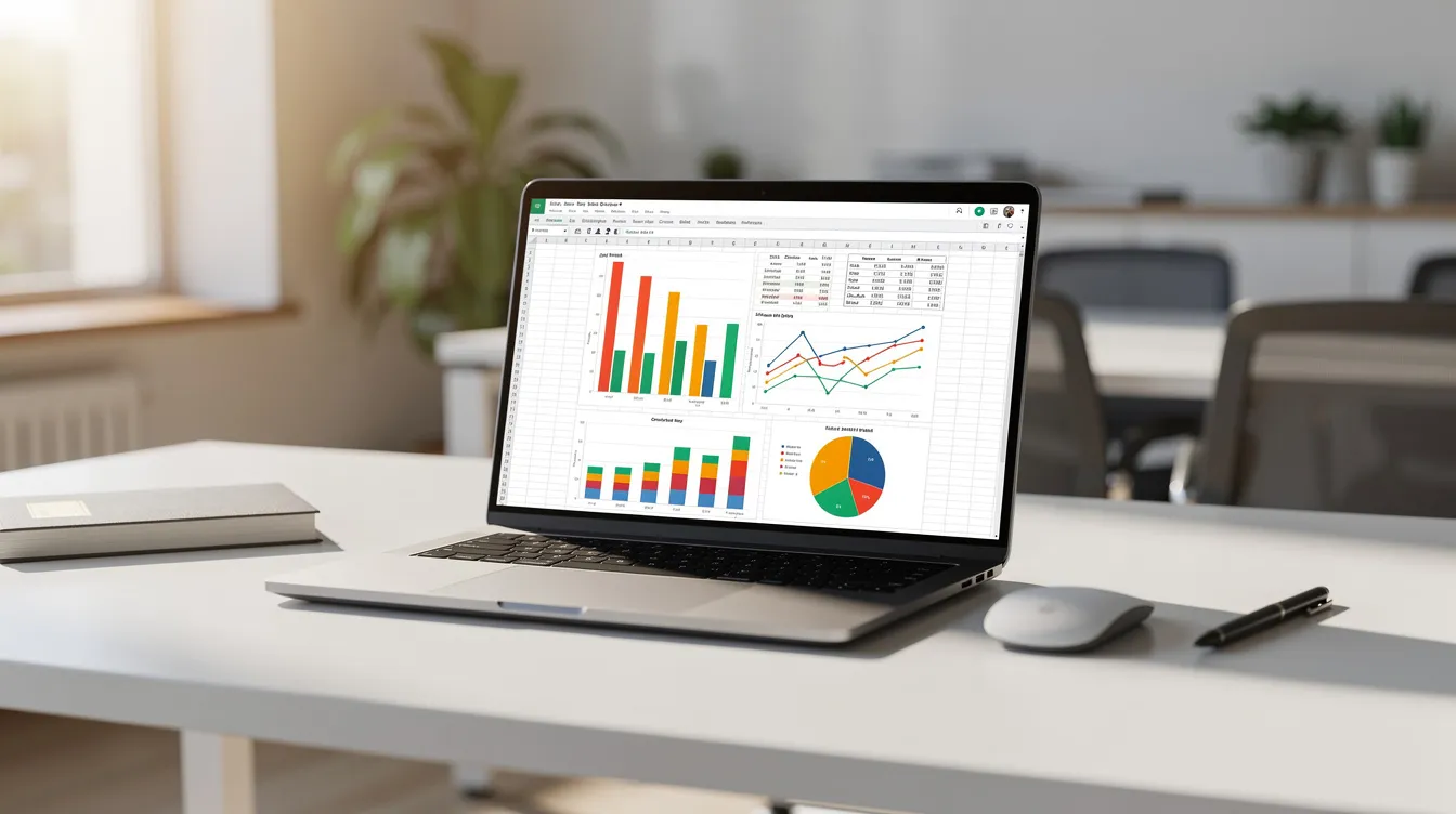 Ordinateur portable affichant un tableau de bord de reporting automatisé sur Excel, avec des graphiques et des chiffres.