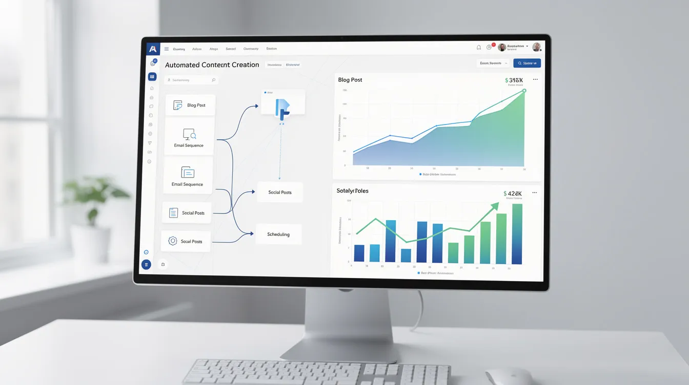 A computer screen showing an SEO autopilot dashboard with graphs indicating traffic growth from automated content.
