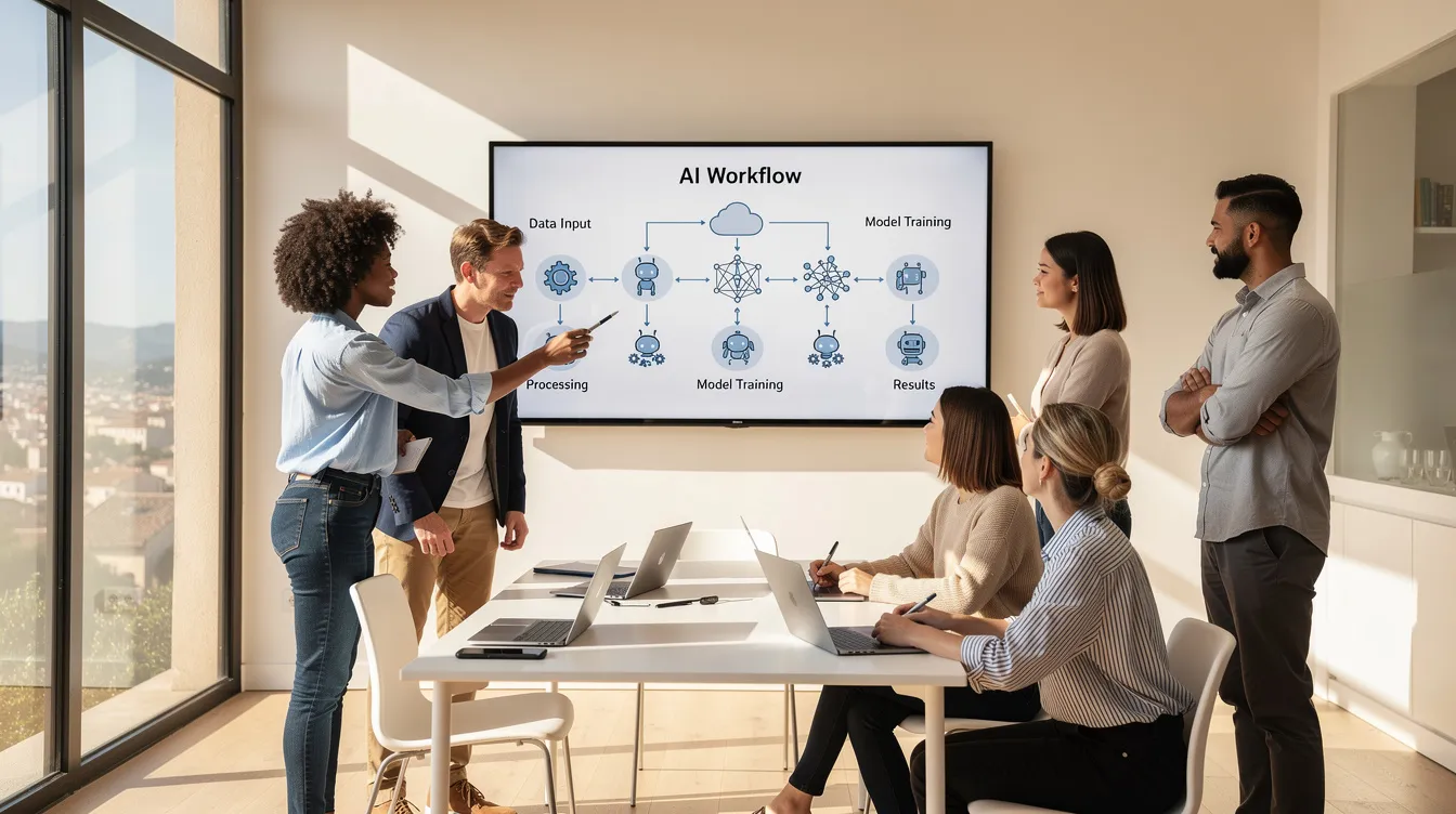 Équipe de professionnels dans un bureau à La Ciotat discutant d'une stratégie d'intelligence artificielle.