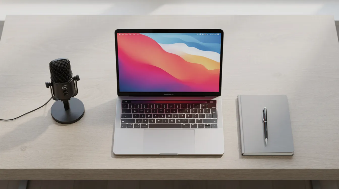 A desk setup with a MacBook ready for screen capturing video, next to a microphone.