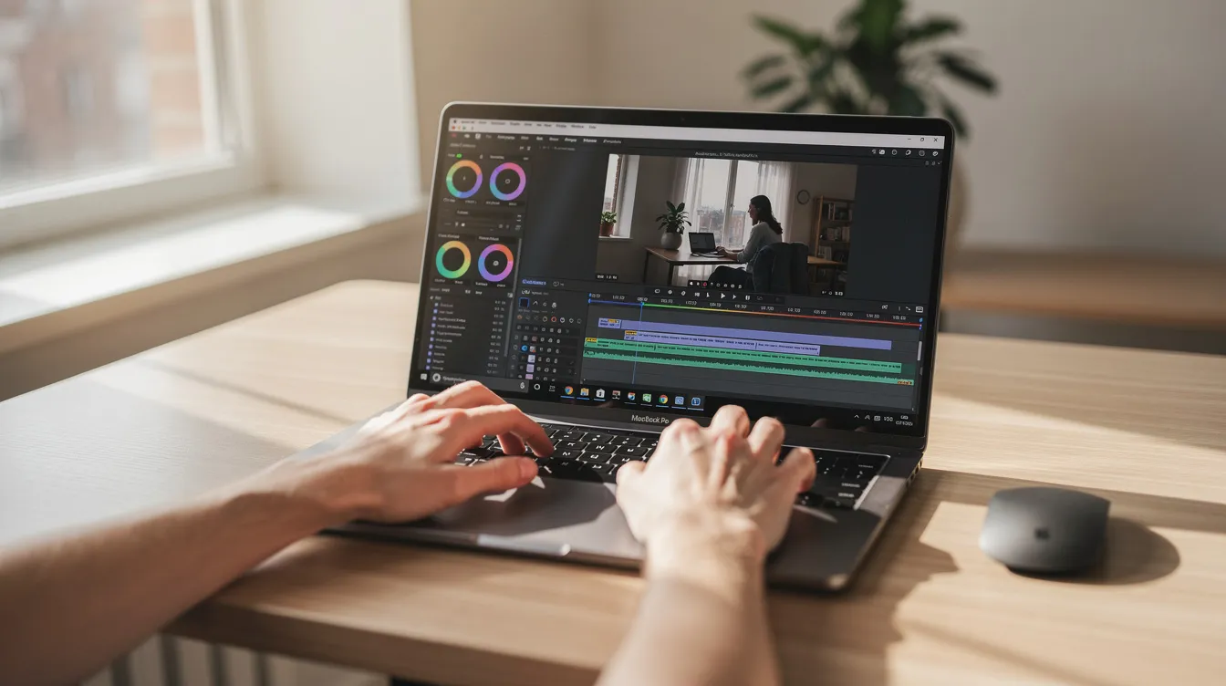 A person editing a tutorial video on a modern laptop, illustrating the creation process.
