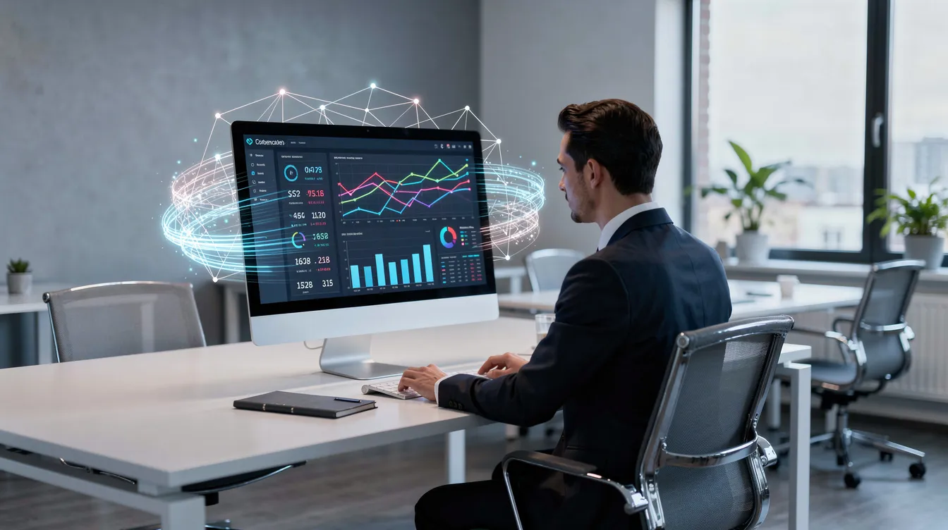 Un expert-comptable analyse des tableaux de bord financiers générés par une intelligence artificielle sur son ordinateur.