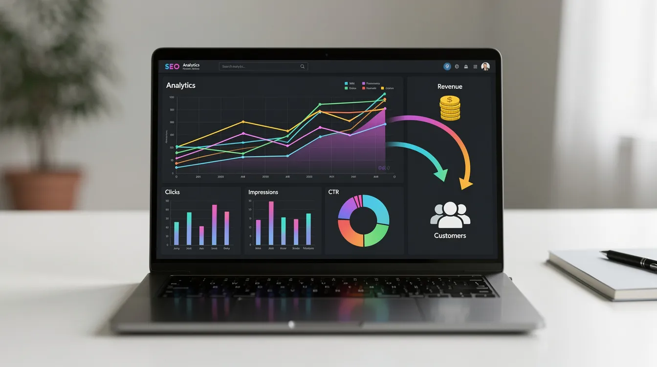 A HubSpot dashboard on a laptop connecting Google Search Console data with customer revenue metrics.