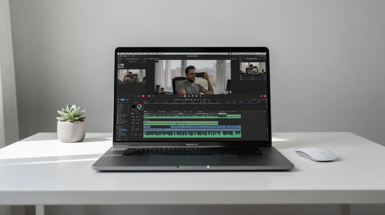 A MacBook Pro on a desk showing a screen recording application with audio waveforms, illustrating how to capture screen and audio on Mac.