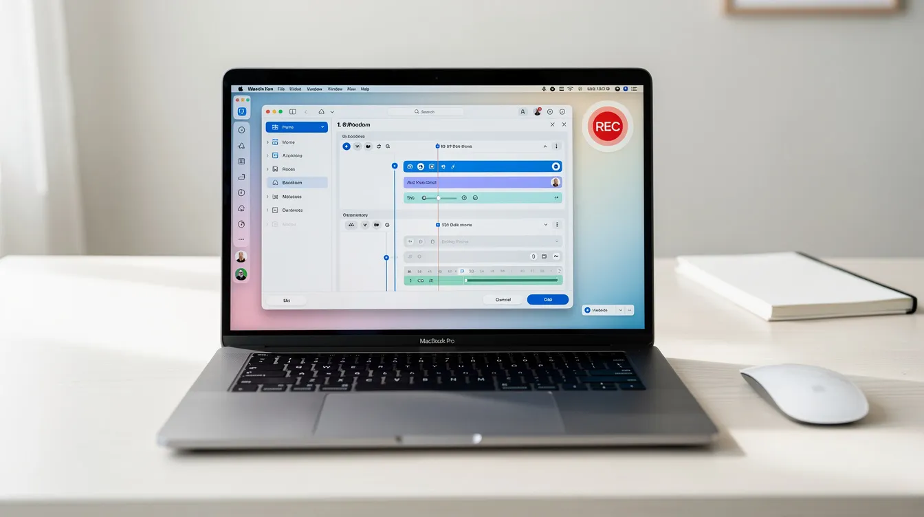 A person screen recording audio on a MacBook Pro, showing the recording software interface on the screen.