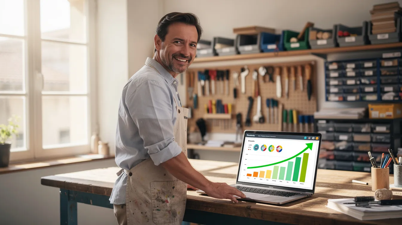 Dirigeant de PME observant des graphiques de productivité en hausse grâce à l'intelligence artificielle.