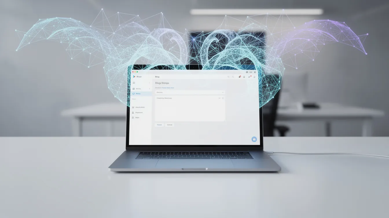 A laptop on a desk showing an AI blog post generator interface, illustrating the creation of automated content.