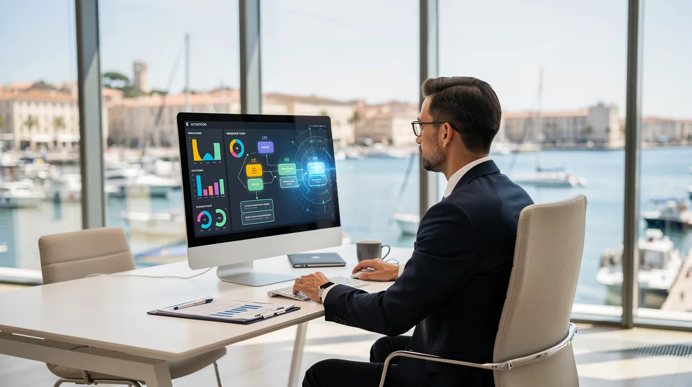 Un dirigeant de PME à Marseille analyse des processus automatisés par l'intelligence artificielle sur son ordinateur.