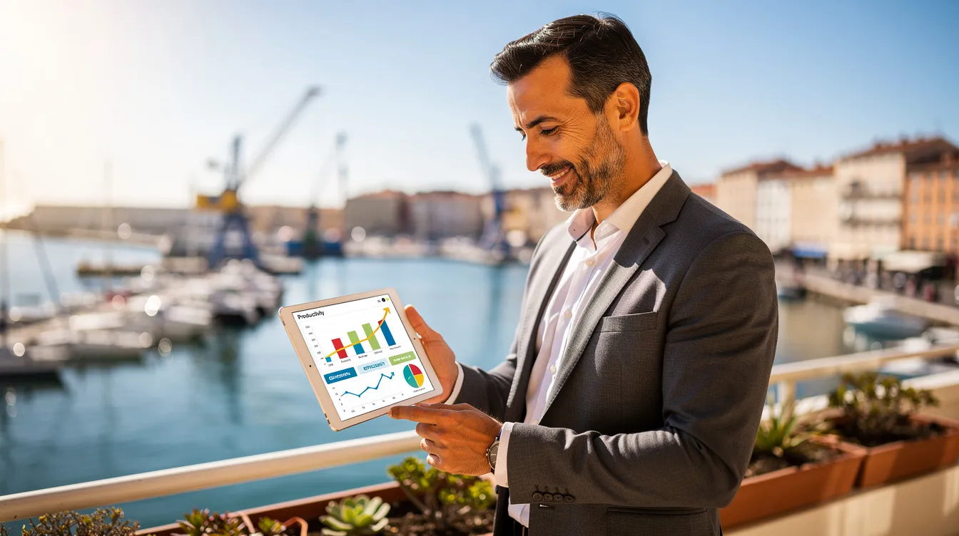 Dirigeant d'une PME à Toulon consultant un tableau de bord de productivité sur sa tablette, avec le port en arrière-plan.