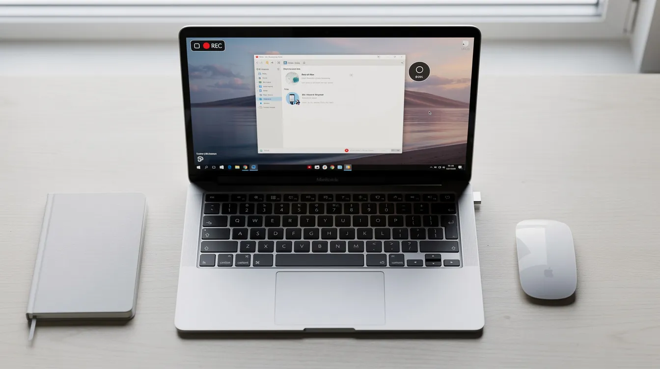 A person using a Windows laptop to screen record a software application in a well-lit workspace.