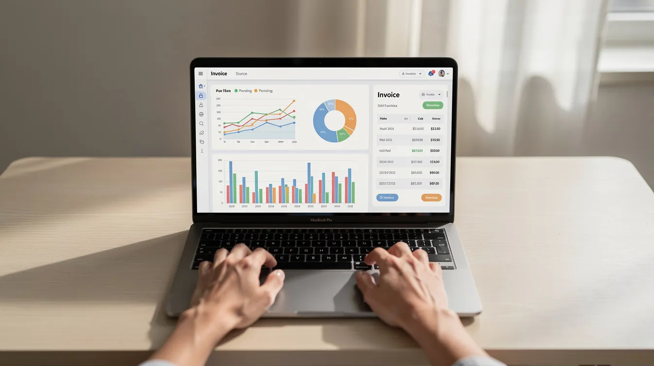 Traitement automatique des factures sur un ordinateur portable, illustrant l'efficacité et la modernisation de la comptabilité.