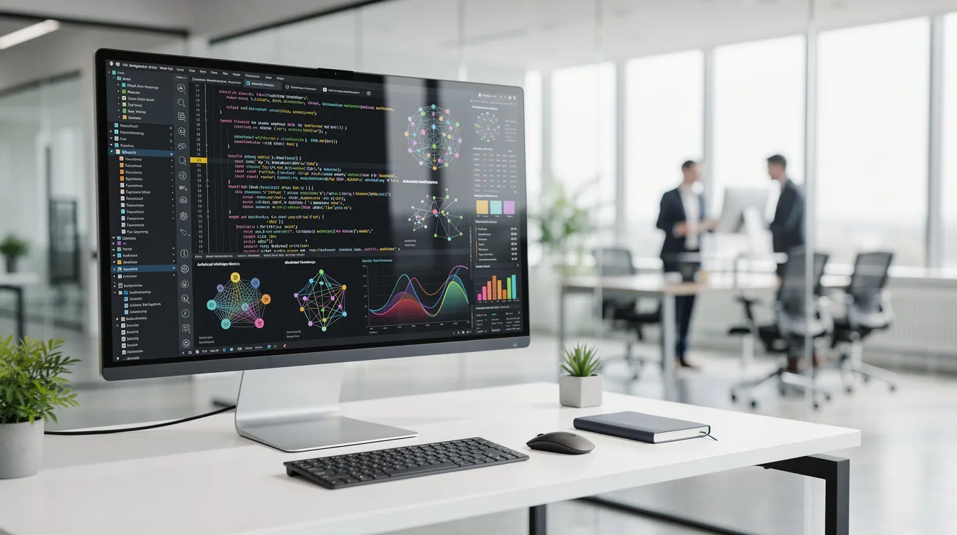 Un ordinateur affichant du code et des graphiques d'intelligence artificielle sur un bureau, symbolisant le travail d'un expert en IA.