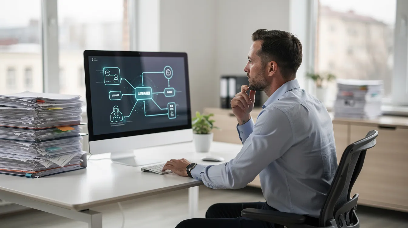Un dirigeant de PME observant un flux de travail optimisé sur son écran, symbolisant l'automatisation des tâches administratives.