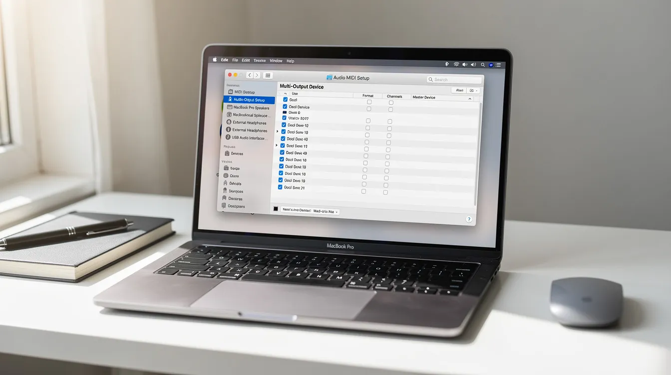 A MacBook Pro on a desk displaying the Audio MIDI Setup utility, used for recording internal system audio.