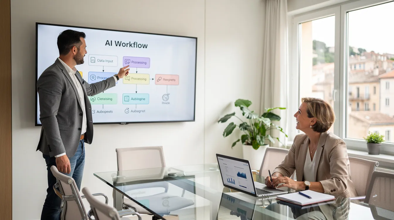 Consultant en intelligence artificielle présentant une solution sur mesure à un dirigeant de PME à Aubagne.