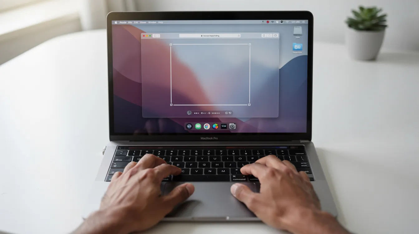A person using the macOS screen recorder shortcut, Command + Shift + 5, on a MacBook Pro to capture a video of the screen.