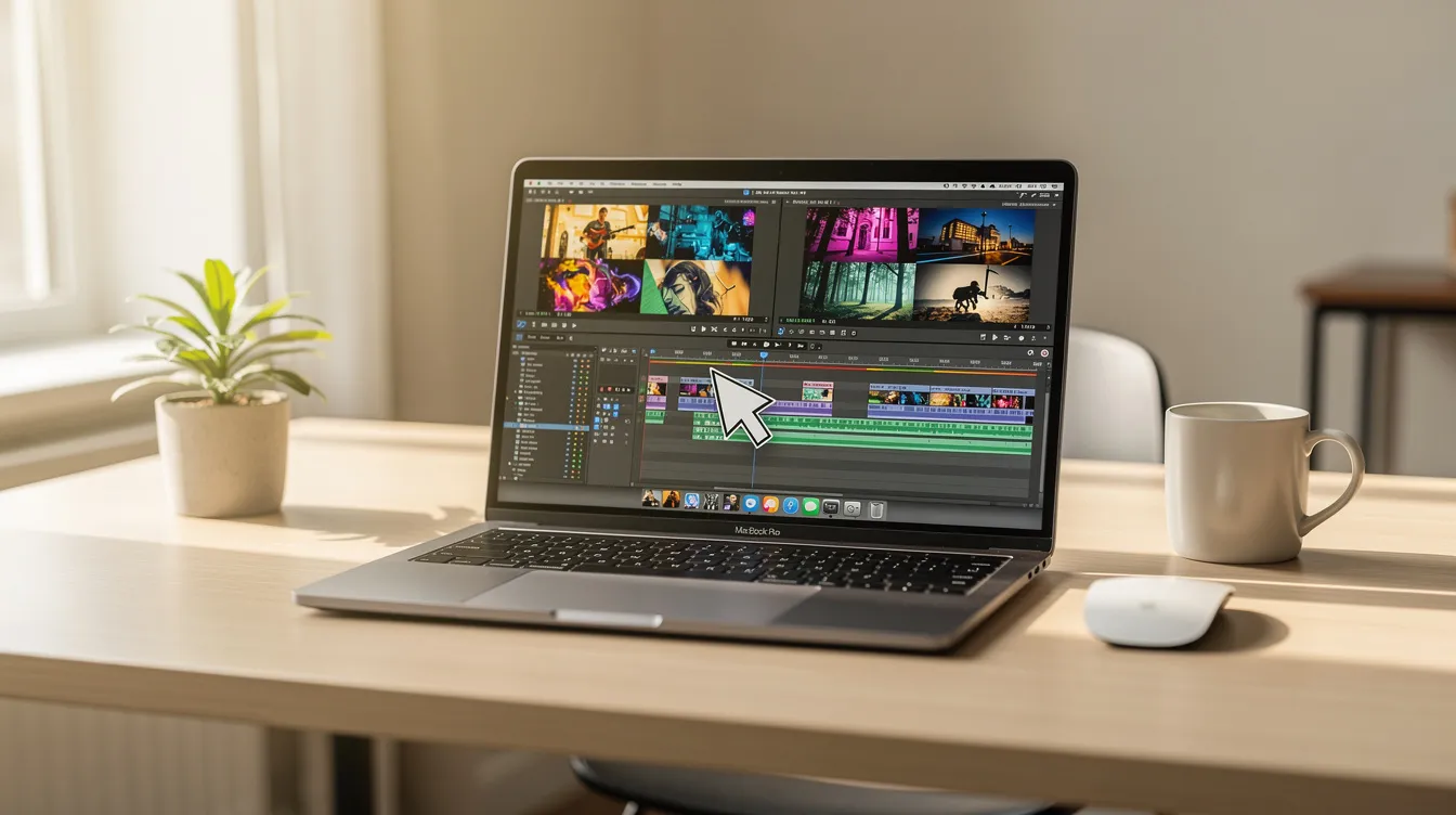 A person using a Mac to record their screen and audio with professional software, showing the timeline and editing tools on the display.