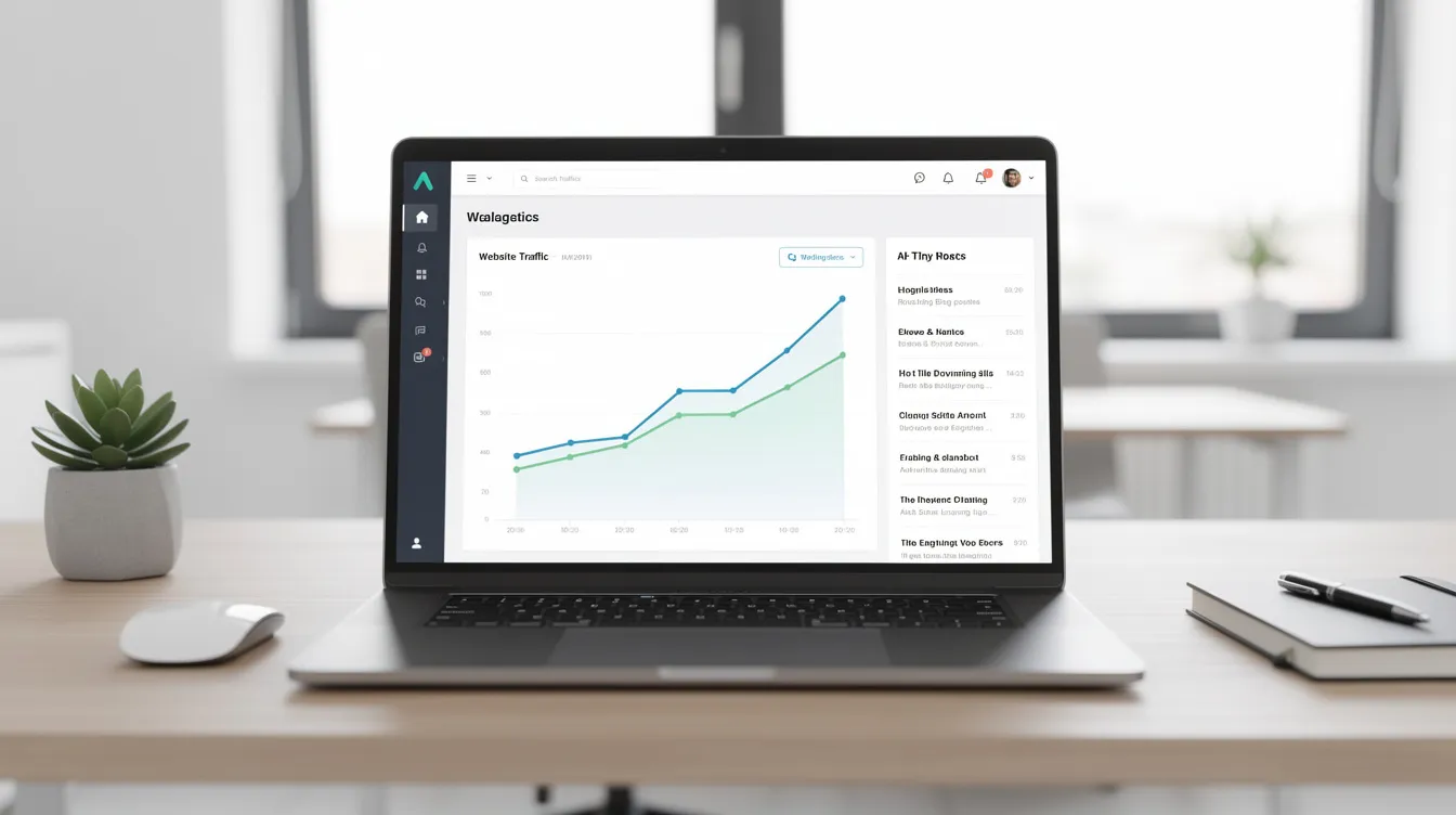 Laptop screen showing an AI SEO dashboard with traffic growth and blog titles.