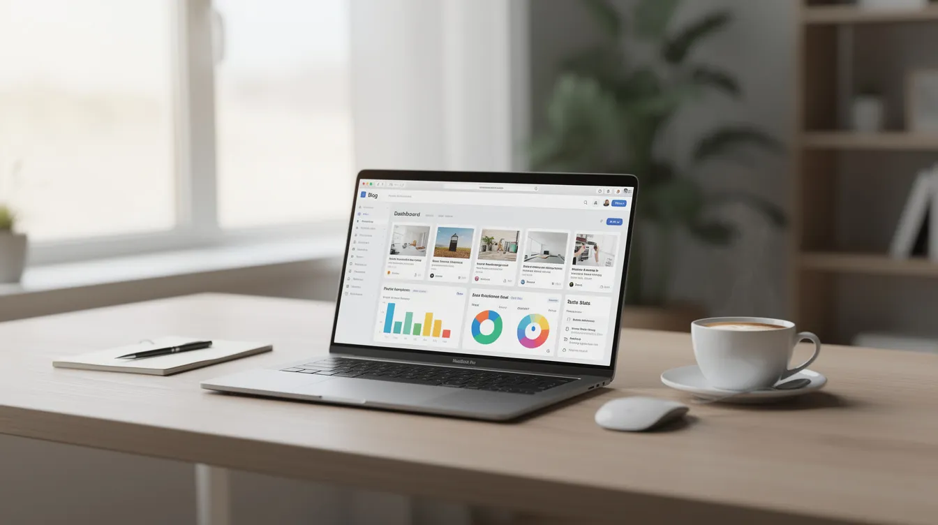 A laptop on a bright desk displaying a blog content dashboard with analytics, representing an AI SEO article writer on autopilot