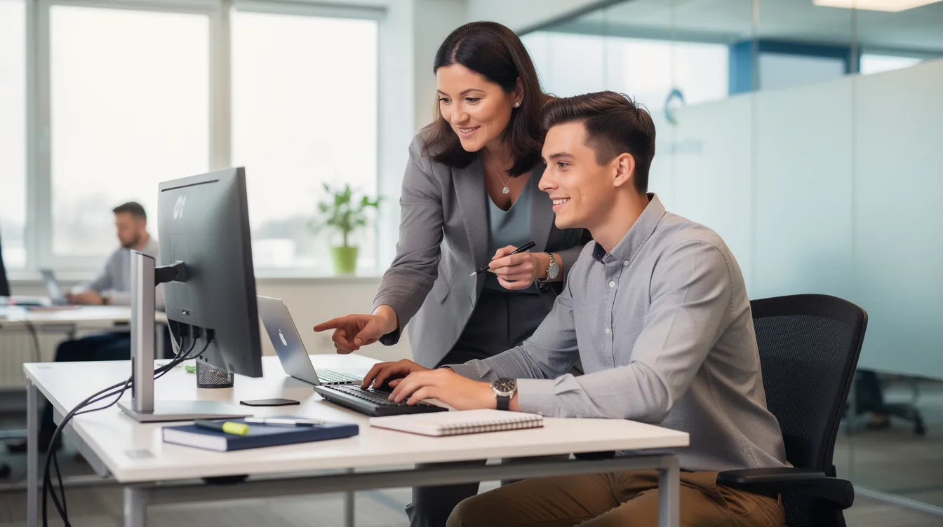 Un professionnel expérimenté accompagne un collègue sur son poste de travail, illustrant la notion d'accompagnement en entreprise.